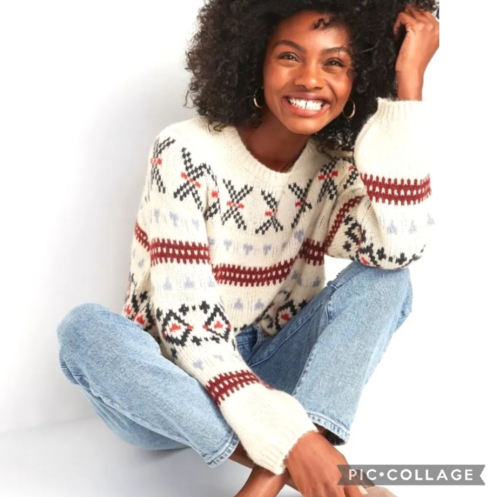 Old Navy Womens Large Cozy Fair Isle Blouson Sleeve Sweater Comfy Winter Fashion